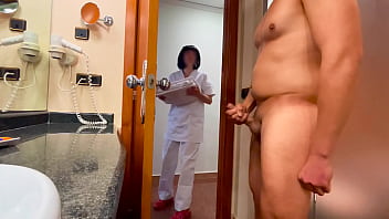 I surprise the hotel cleaning doll who comes to neat the rest room and helps me accomplish cumming