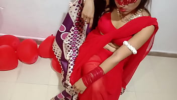 Newly Married Indian Wife In Red Sari Celebrating Valentine With Her Desi Hubby - Utter Hindi Finest Hard-core