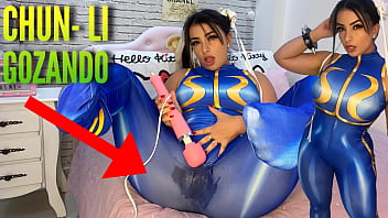 Super-sexy cosplay nymph dressed as Chun Li from street fighter playing with her htachi massager spunking and wetting her undies and pants ahegao