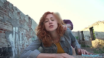 Public Agent Gorgeous ginger-haired waitress deep throats fuckpole and gets humped doggie-style outside in public